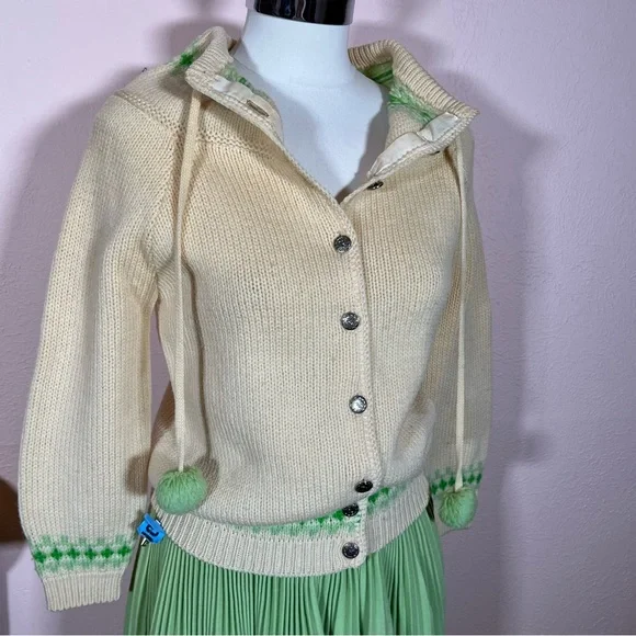 Vintage 1940 50 Retro Ski Aprés Wool Pom Pom tie neck Cardigan Pleated Skirt set - Picture 5 of 17